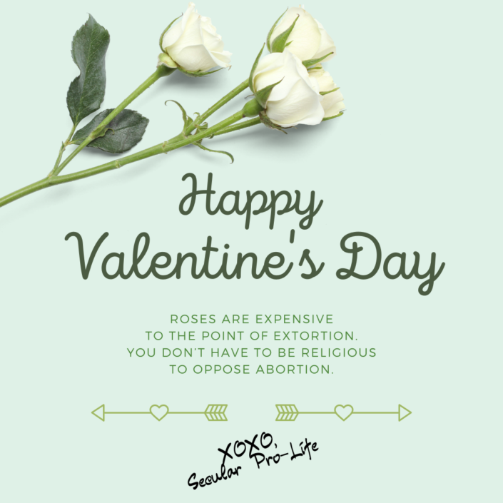 Image of white roses. Caption: Happy Valentine's Day. Roses are expensive to the point of extortion. You don't have to be religious to oppose abortion. XOXO - Secular Pro-Life